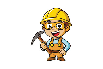 A cartoon of a miner in a yellow hard hat, safety goggles and holding a pickaxe vector art illustration.eps