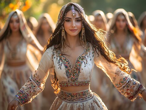 Middle eastern women performing dabke dance in embroidered dresses