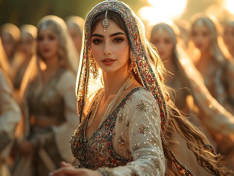 Middle eastern women performing dabke dance in traditional embroidered dresses