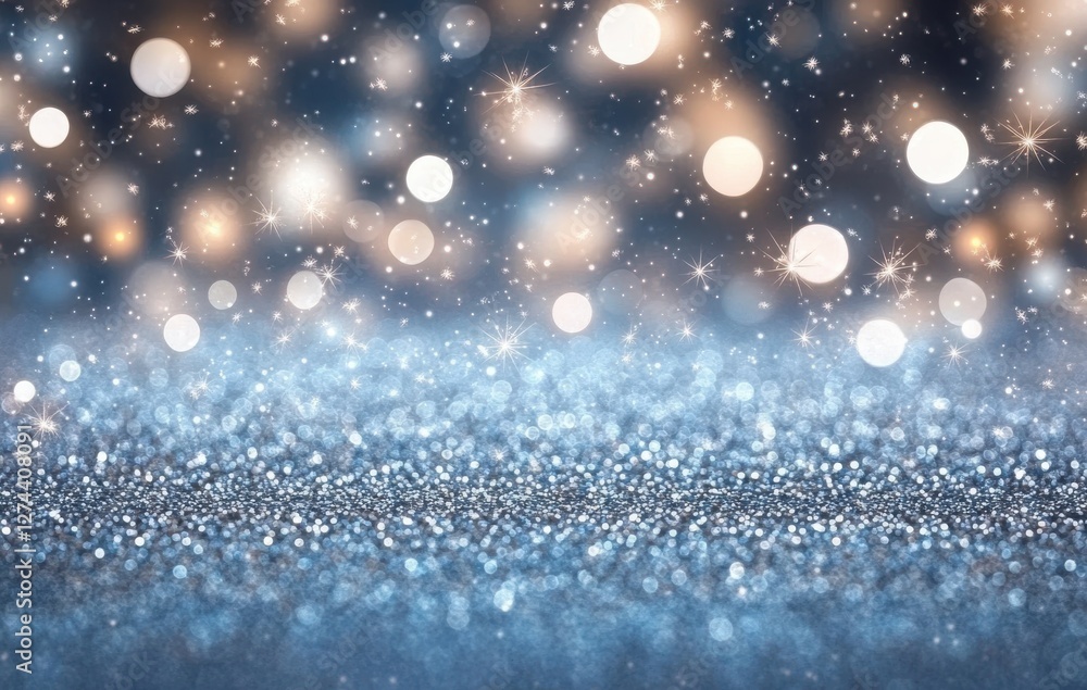 Poster sparkling blue background with glittering bokeh and soft blurry lights for festive or decorative use
