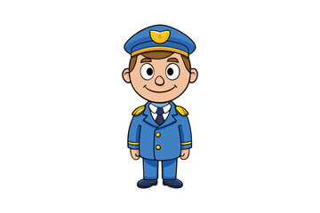 A cartoon of a pilot in a blue uniform and cap vector art illustration.eps