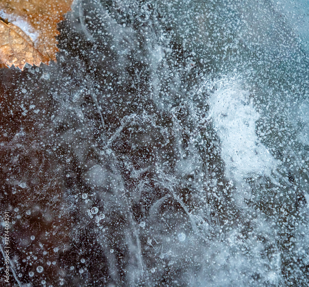 Aufkleber ice texture with cracks, bubbles and frozen leaves for computer graphics, texturing, compositing or 