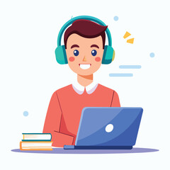man in headphones, studying at laptop. Happy female student watching business webinar. Video conference call, remote work communication. Flat vector illustration isolated on white background