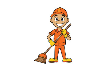A cartoon of a street cleaner in an orange uniform vector art illustration.eps