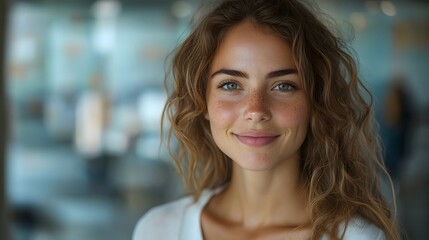 Fototapeta premium Young professional woman smiling in modern office environment