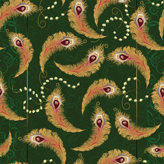 A seamless digital paisley pattern with golden peacock feathers, pearls, and ornamental layer on a deep green background. Ideal for textiles, branding, and luxury decor.
