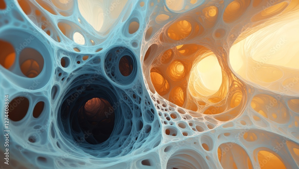 Poster close up of an abstract fractal with a dark void, swirling patterns, and dynamic lighting effects