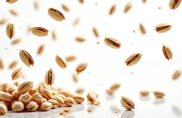 Pistachio illustration on transparent background. Falling pistachios, pile. Shelled nuts concept. Healthy food snack, vegetarian diet. Use for culinary blog, cooking book nut snack product demo.