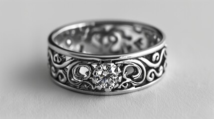 A shiny diamond ring, featuring intricate detailing on the band, placed on a smooth white surface.
