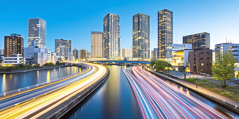 Fototapeta premium Cityscape at twilight with light streaks from traffic flow along waterways toward towering buildings.