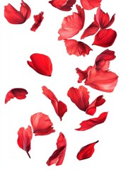 Vibrant red petals falling gracefully against a pristine white backdrop creating a sense of delicate beauty