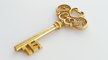 A shiny gold key with intricate designs, resting elegantly on a pristine white background.