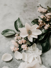 Pale pink blossoms and a white magnolia bloom gracefully on a textured gray surface with a delicate white ribbon.