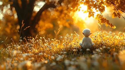 Tranquil and Ethereal Elf like Humanoid Figure in a Minimalist Soft Toned Fantasy Landscape with Ample Negative Space for Typography or Branding Overlays