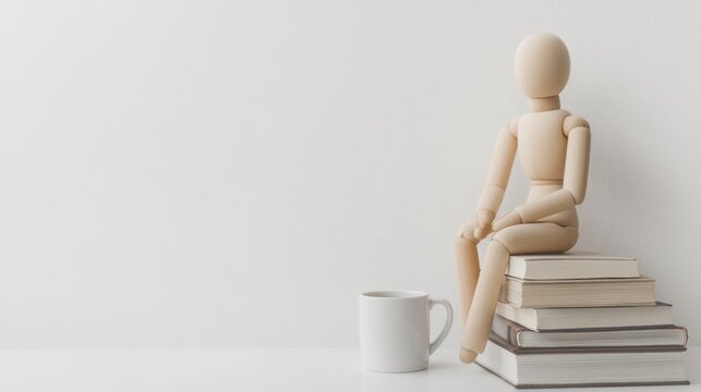 Wooden mannequin sits on books, coffee mug, white background; education, learning concept - Powered by Adobe