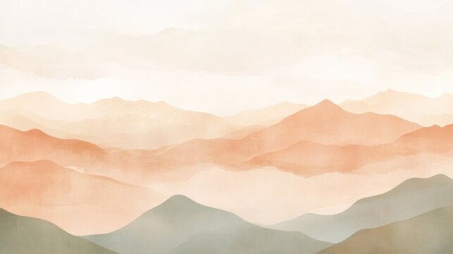 Serene Watercolor Landscape of Rolling Hills and Mountains