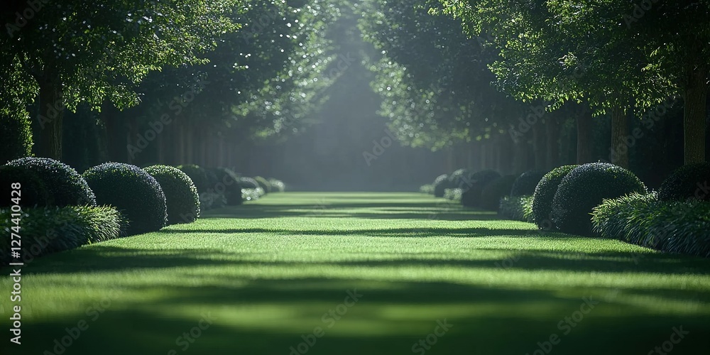 Poster sunlight filters through a serene garden pathway lined with lush trees and spherical hedges in the e