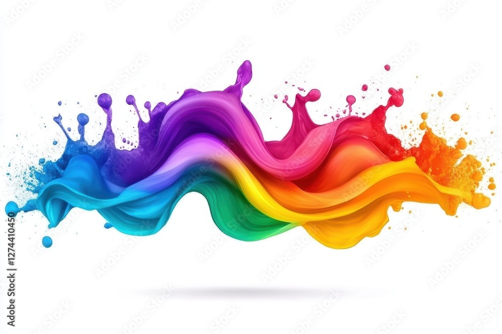 Poster vivid rainbow paint splash on white background creating dynamic flow of artistic expression and colo