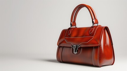 A sleek leather handbag with intricate stitching and a polished finish, placed on a pristine white background.