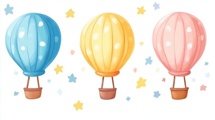 Three whimsical hot air balloons in pastel colors floating among scattered stars on a clean white backdrop for children