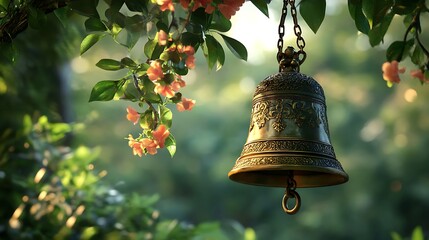 a golden traditional bell hanging by a delicate chain