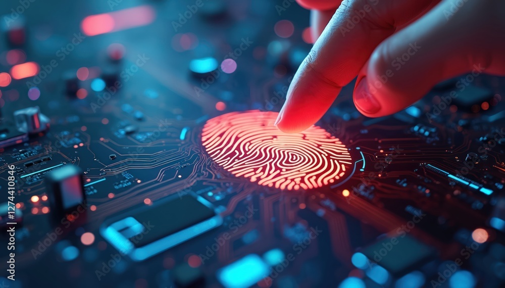 Poster Illustration of finger scanning on futuristic hi-tech blue circuit board. Biometric identification access authorization via advanced technology, cybernetics. Cyber security concept for password