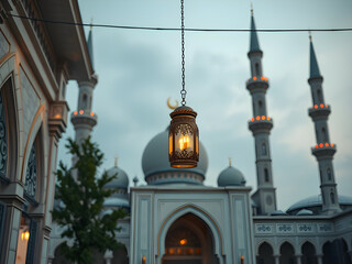 Obraz premium dreamscape islamic lenterns hanging on cable infront of mosque in ramadhan