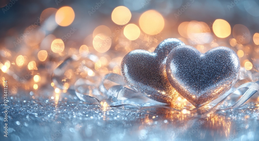 Aufkleber sparkling silver hearts surrounded by soft golden bokeh lights on a shimmering surface creating a ro
