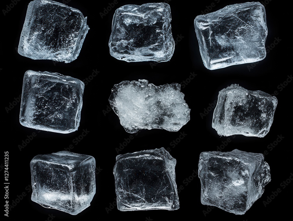 Poster nine ice cubes on a black background creating a refreshing and cool visual mood perfect for summer d
