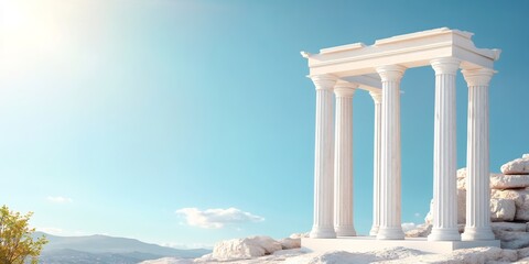 ancient greek columns under blue sky, historic architecture view