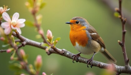 Close-up photo of european robin bird sitting on a branch with blurred spring flowers. Brown bird with orange breast is perched on tree twig in garden. Wildlife concept.