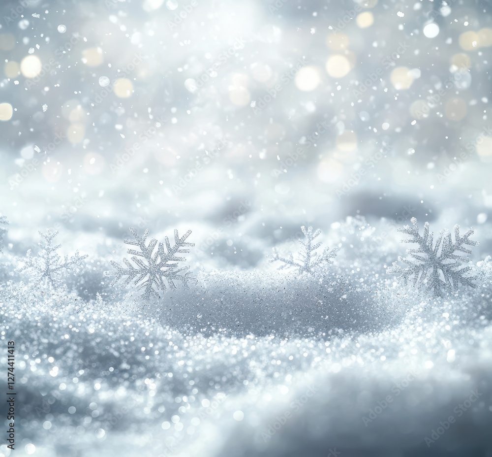 Poster sparkling snowflakes on soft white snow with gentle winter light and bokeh background in magical win