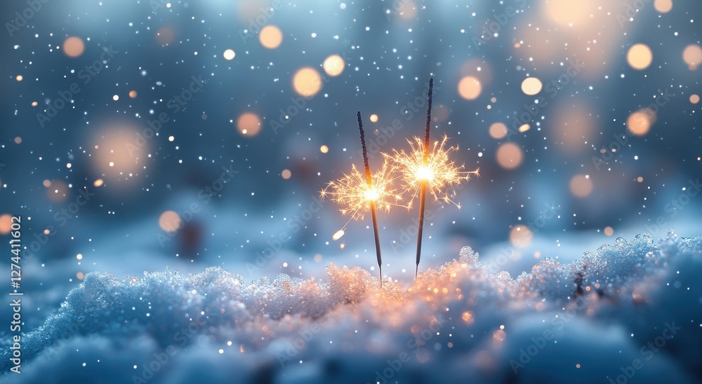 Poster sparkling sparklers glowing in the snowy winter night with soft bokeh lights in the background creat