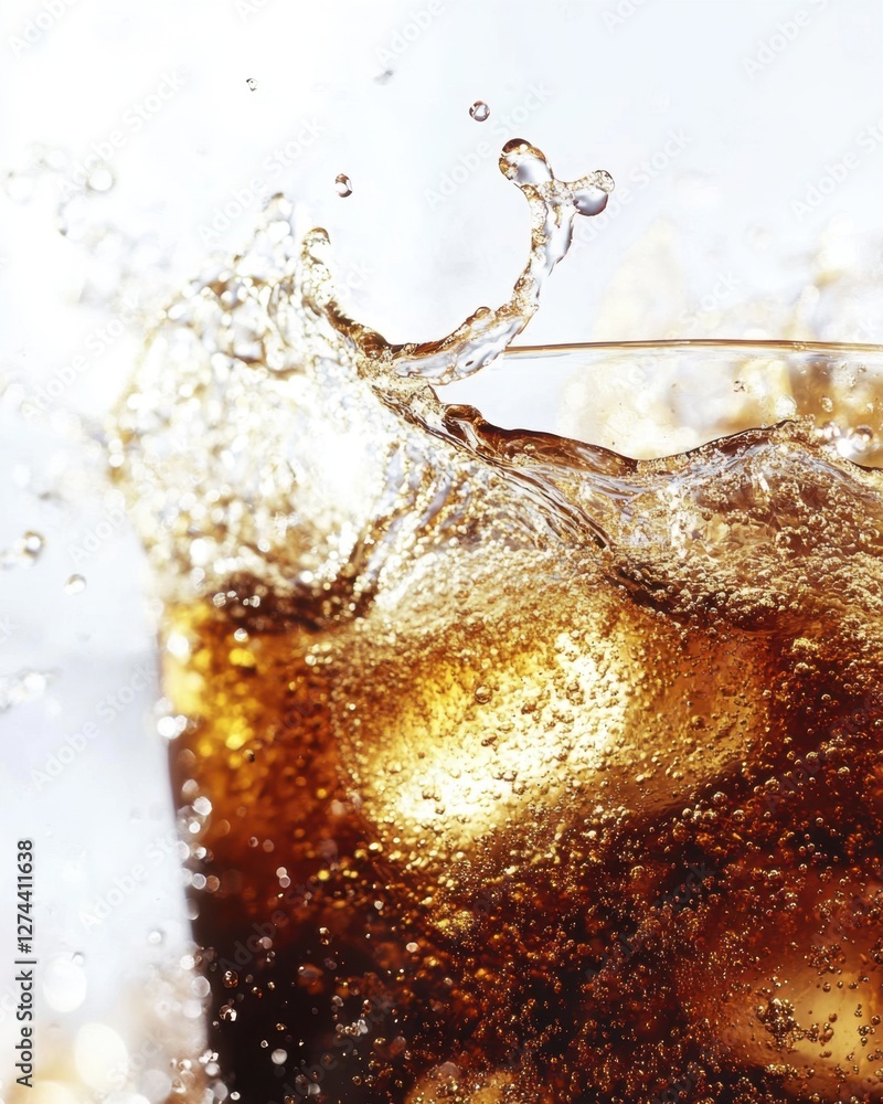 Poster refreshing cola splash with ice cubes in a glass creating dynamic water droplets and bubbles on a br