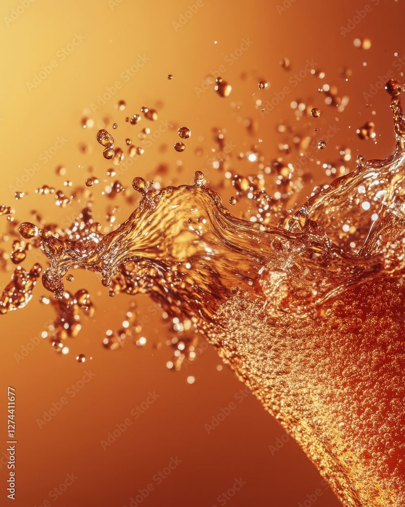 Poster golden liquid splash in dynamic motion against warm amber background capturing fluid texture and ene