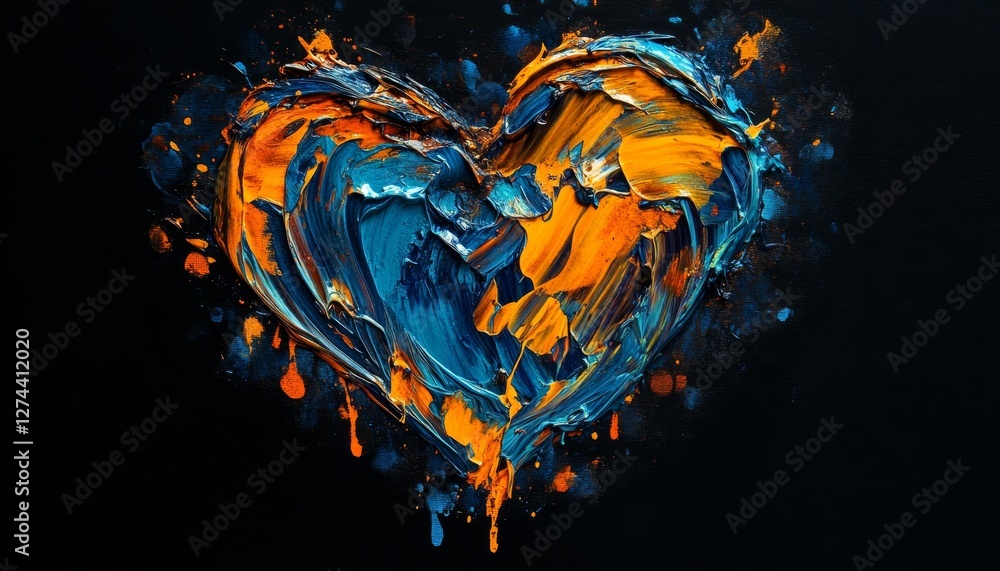 Poster vibrant abstract paint splashes creating a heart shape with glossy textures on dark background