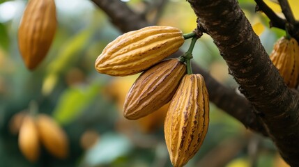 Captivating Close Up of Ripe Cocoa Pods Hanging from a Branch in a Lush Tropical Garden Setting with Natural Light