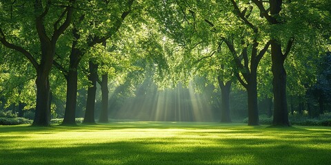 Sunlight filters through lush green trees in a tranquil forest setting showcasing nature's beauty and serenity