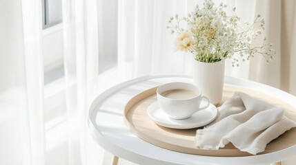 Minimalist breakfast scene with a cup of coffee, delicate flowers, and soft fabric on a round wooden tray.