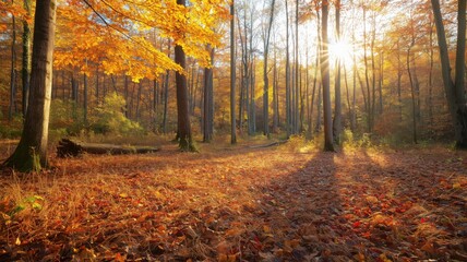 Fototapeta premium Autumn Forest Scene with Sunlight Filtering Through Golden Trees and Fallen Leaves