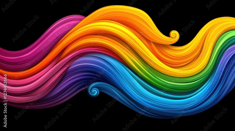 Poster abstract rainbow waves flowing dynamically across black background