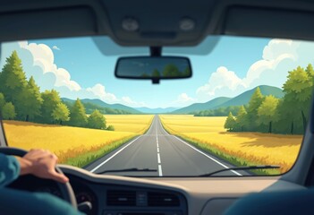 AI illustration from car windshield perspective of straight asphalt road through rich yellow fields with trees against blue sky with clouds. Driver holds steering wheel, mirror. Road trip in nature,