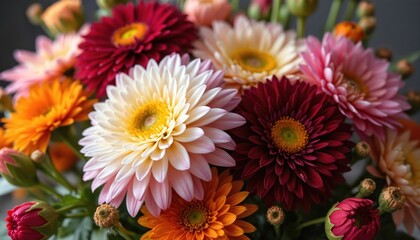 Elegant fall bouquet features pink rose, vibrant orange gerbera flowers. Delicate arrangement of colorful flower petals create artistic display. Floral closeup with fresh blossom, romance, natural
