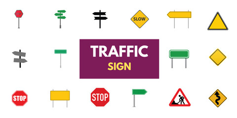 Set of road signs and traffic light vectors. Traffic signs collection. Signs of danger, mandatory, obligations, animal crossing, and alerts. Supplementary and routing table. Temporary traffic signs.