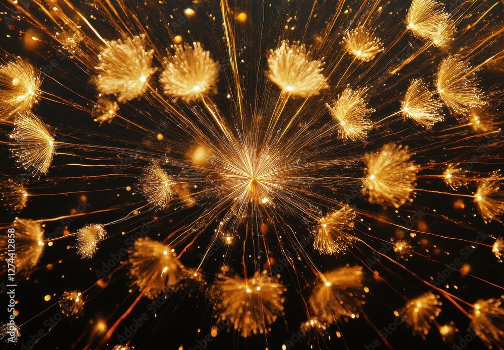 Poster stunning golden explosion of sparkling light and dandelion seeds against a dark background creating 