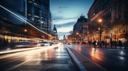 Fototapeta premium Dynamic urban scene at dusk capturing light trails of vehicles and pedestrians in motion