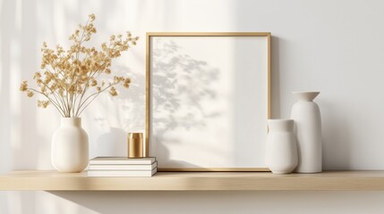 Minimalist shelf decor with a blank wooden frame, ceramic vases, and dried flowers.