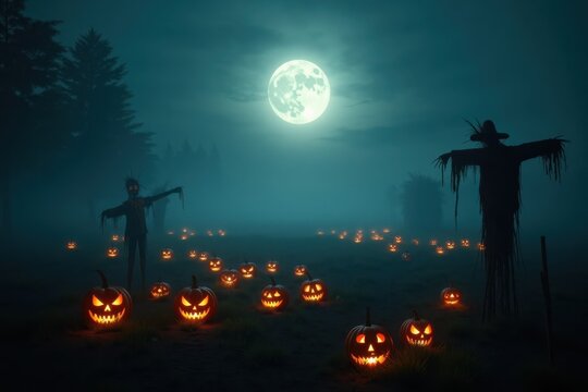 A full moon shines down on a spooky pumpkin patch with crooked pumpkins and a scarecrow standing watch. The fog rolls in, creating a mysterious and eerie atmosphere