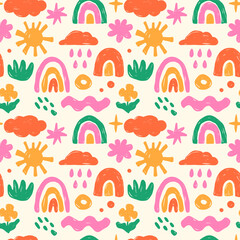 Seamless pattern of bright hand drawn children's drawings with rainbows, clouds, colours