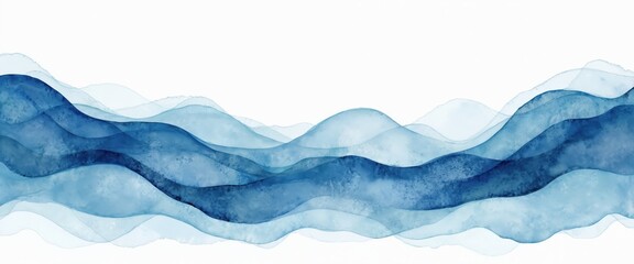 Abstract blue watercolor waves illustration on transparent background. Liquid indigo sea motion backdrop with ocean gradient flow. Trendy marine element for modern decorative design, art projects.